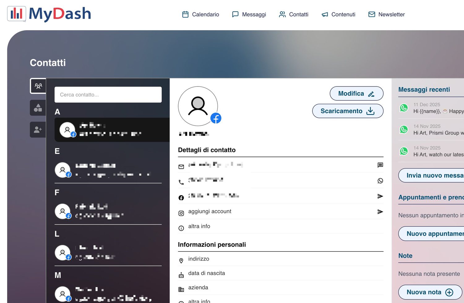 Scheda contatto di MyDash con dettagli, informazioni personali, messaggi recenti, appuntamenti e note