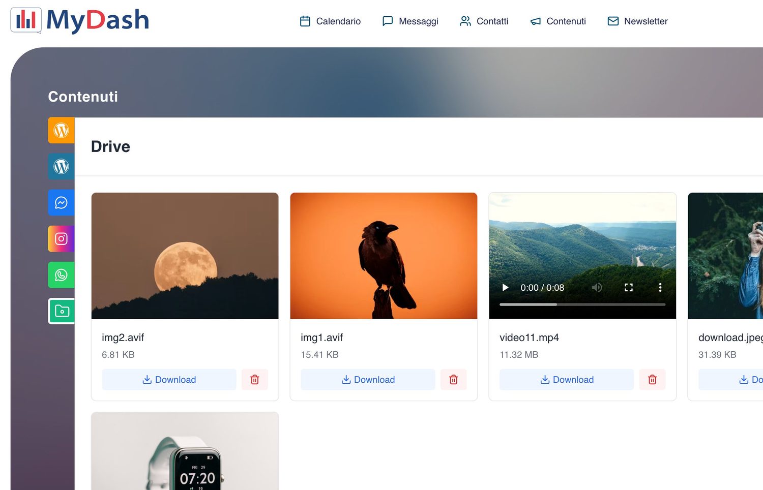 Il Drive contenuti di MyDash con immagini e video e la barra dei canali collegati