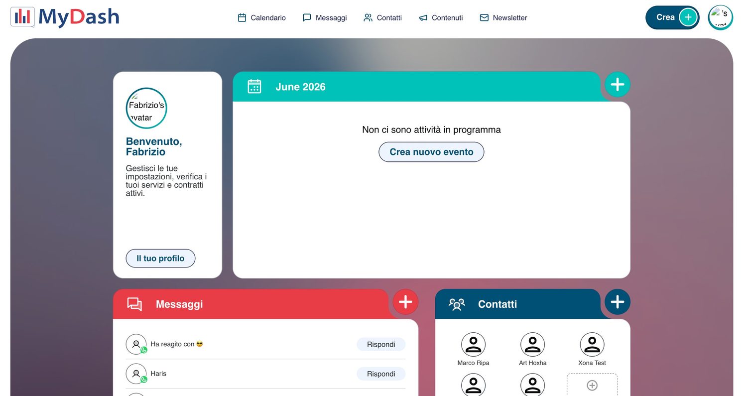 La dashboard di MyDash con agenda, messaggi e contatti