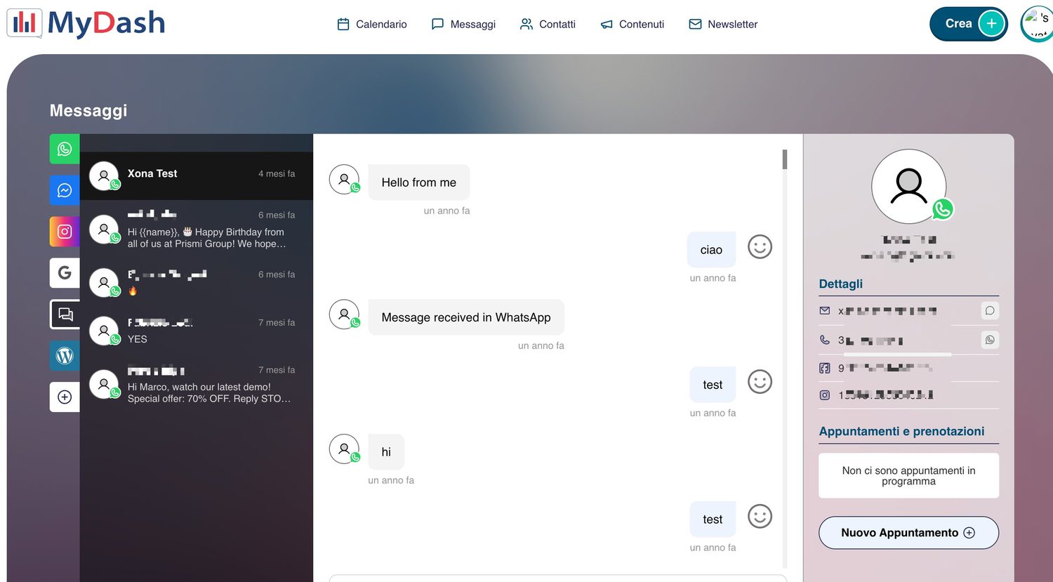 Inbox multicanale di MyDash con la lista delle conversazioni, la chat e i dettagli del contatto