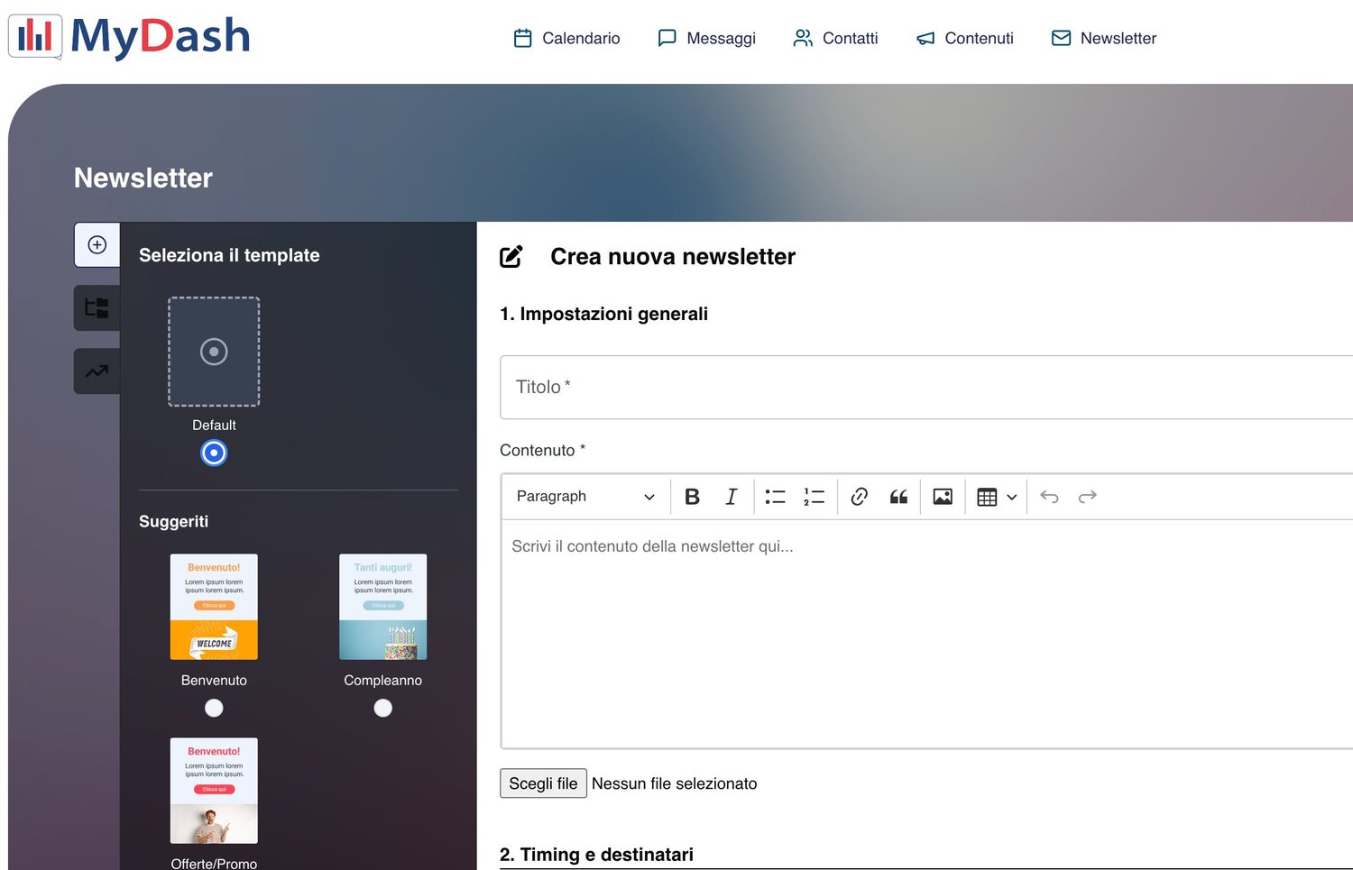 Editor di creazione newsletter di MyDash con scelta del template e impostazioni